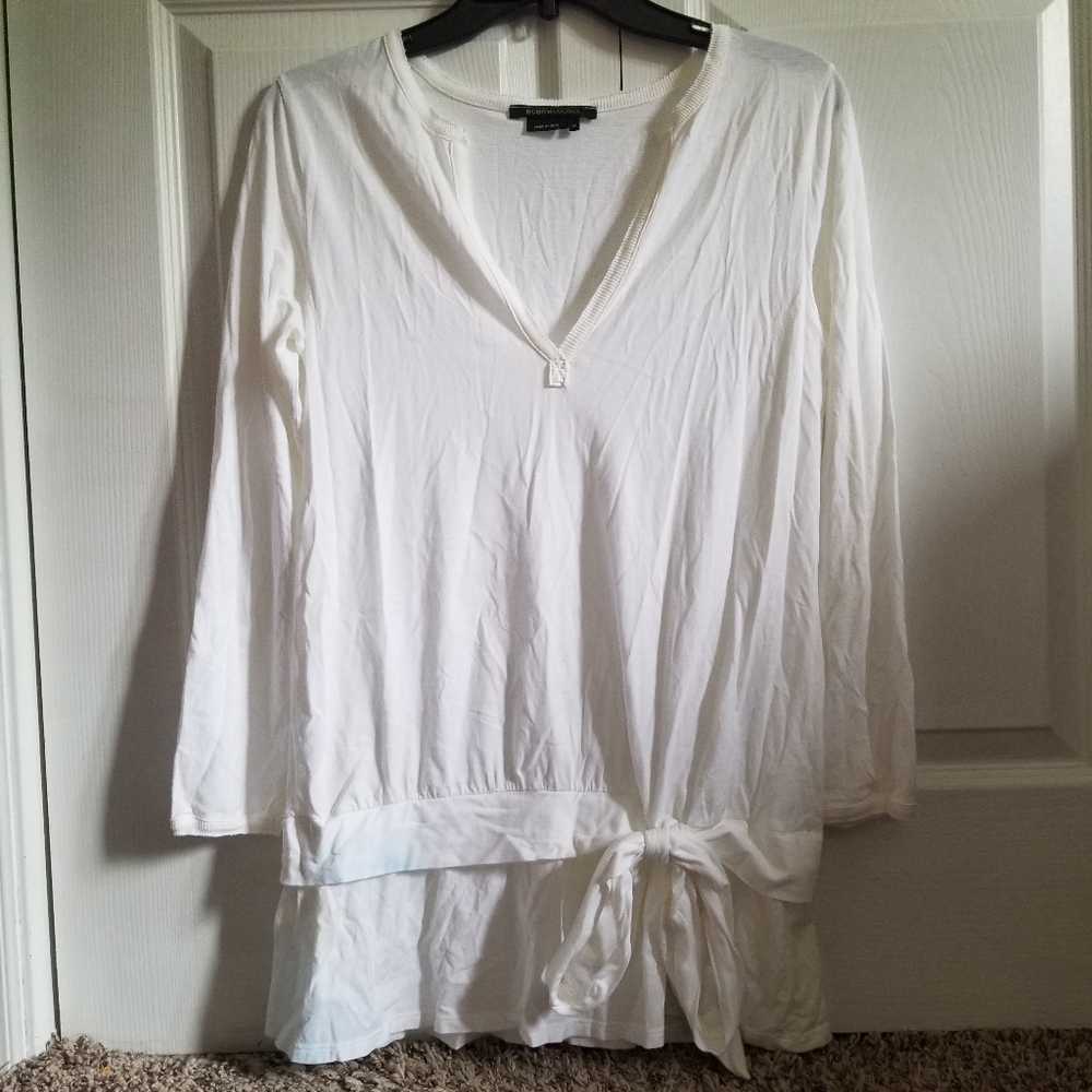 BCBG Max Azria Women's Tunic Shirt Medium White V-Neck Bow Ruffle Long Sleeve